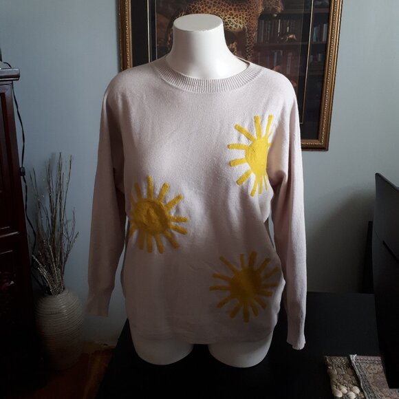Sweater - Beige with bright yellow suns - Sz. Medium - Picture 1 of 4
